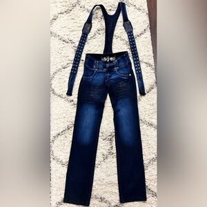 Butt Lifting Colombian Dark Blue Women's Jeans with Suspenders